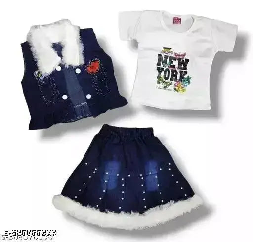 Denim blue embellished baby girls dress top, skirt, and jacket set with shrug, Indian origin, sizes: 0-3M, 0-6M, 3-6M, 6-9M, 6-12M, 9-12M, 12-18M, 18-24M, 0-1Y, 1-2Y, 2-3Y