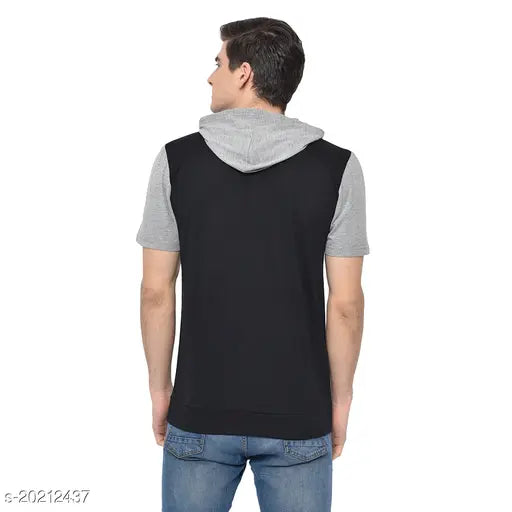 Grey cotton-blend colorblocked hoodie T-shirt for men by Vimal Jonney, short sleeves, size M (38 in chest, 27.5 in length)