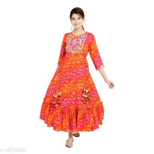 Orange rayon kameez with floral print