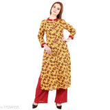 Printed cotton kurta with palazzos set - women's three-quarter sleeve outfit in single sizes M, L, XL. Handcrafted Indian fashion