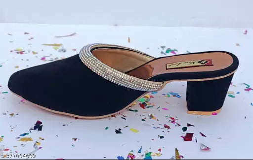 Velvet open-back embellished ballerinas with diamond design block heels - Indian handcrafted luxury footwear