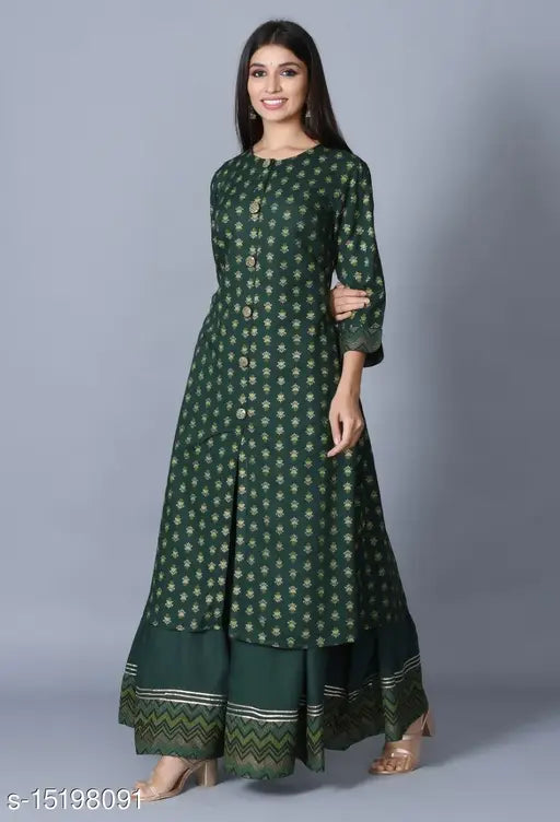 Rayon high-slit printed long kurti with palazzos, vibrant pattern on Indian rayon fabric for women's fashion, three-quarter sleeves set in multiple sizes