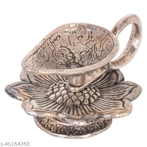 Silver metal diya with flower design - Premium Indian handicraft for Pooja Mandir, office, or home decor, perfect for Diwali gifting and festive celebrations