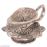 Silver metal diya with flower design - Premium Indian handicraft for Pooja Mandir, office, or home decor, perfect for Diwali gifting and festive celebrations