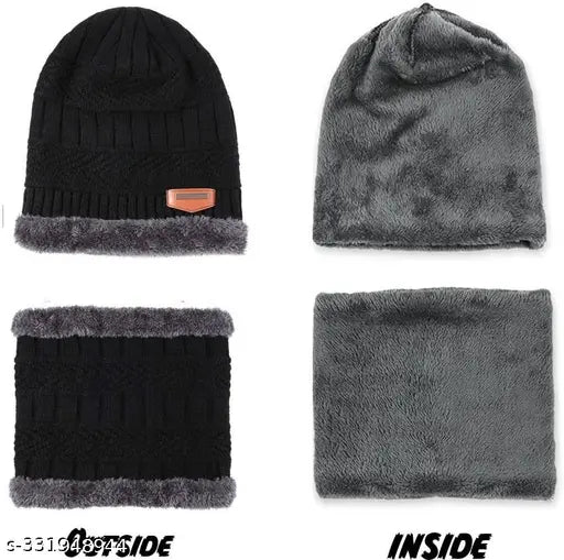 Wool unisex winter wear beanie cap plus muffler scarf combo set (any color), soft and chunky-knit for optimum warmth
