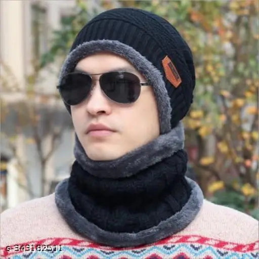Black woolen winter beanie cap with muffler & gloves combo, fur patterned for men & women's cold protection. Indian-made woolen winter wear accessory set