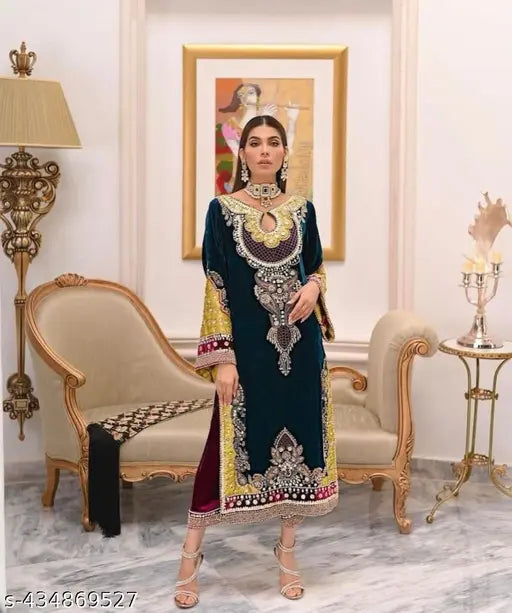 Velvet embroidered gown, Jivika Graceful women's long-sleeved XL dress (bust size 42m), handcrafted from India