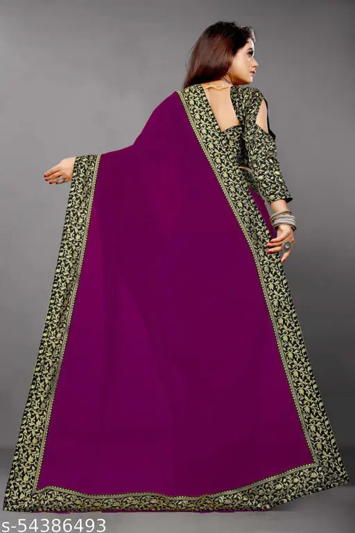 Purple printed cotton long traditional women's saree with border ruffles and lace, daily wear fashion