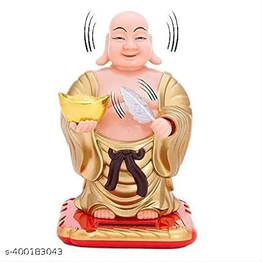 Multicolor plastic Lante Decor Solar Good Luck Buddha with waving fan and magic bowl, ideal for car decor or home/office art