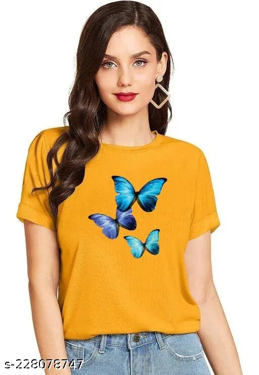 Blue Butterfly Printed Cotton T-shirt for Women & Girls (Pack of 1) - CINTIA women's stylish trendy top with short sleeves, perfect for summer and casual wear