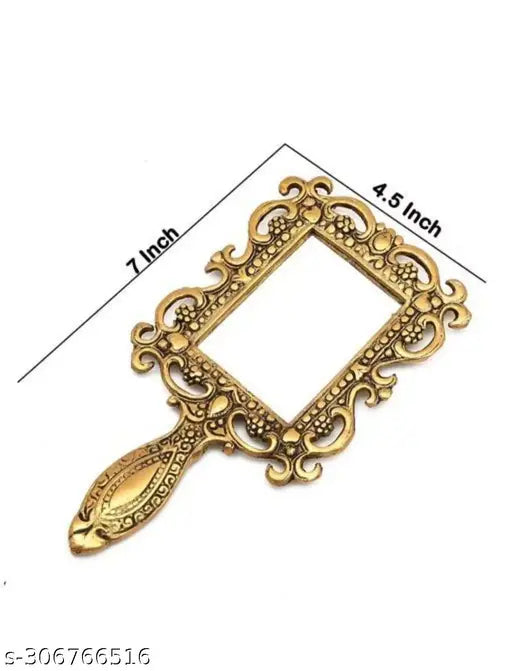 Gold-plated traditional metal mirror, Indian artifact showpiece with square shape, 6cm x 12cm x 18cm dimensions
