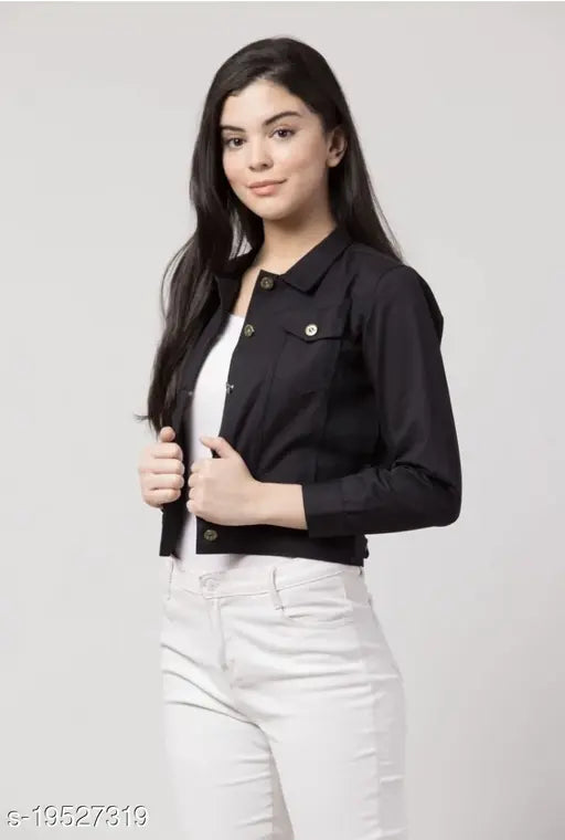 Solid women's denim jacket, three-quarter sleeves, solid net pattern, India-made, size options for S-XL