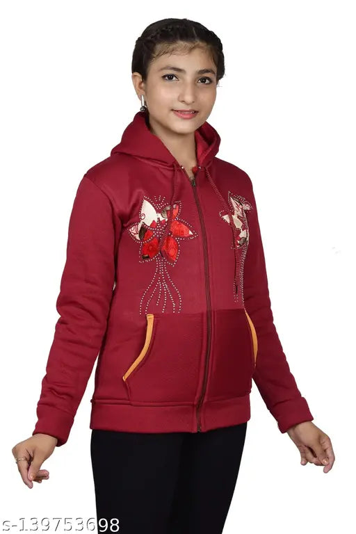 Girls' red zip-up hoodie with embroidery, long sleeves