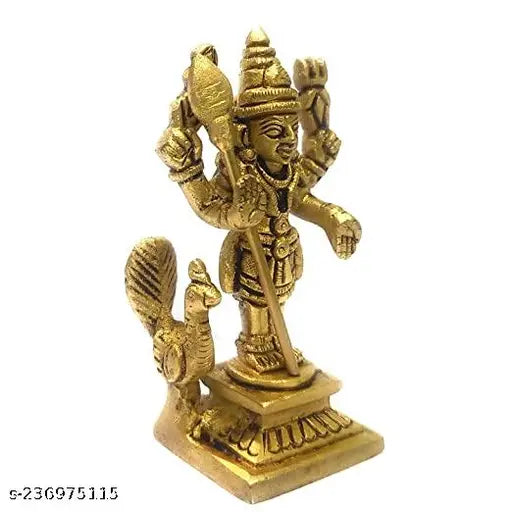 Antique brass Murugan statue (76 cm), authentically handcrafted Indian God idol with peacock, adds spirituality and richness to your home or business