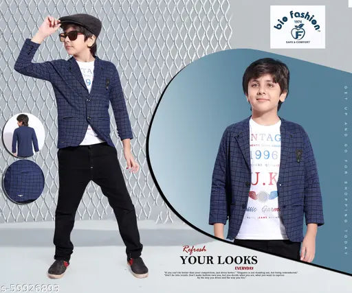 Boy in a suit and tie posing with a model of his jacket