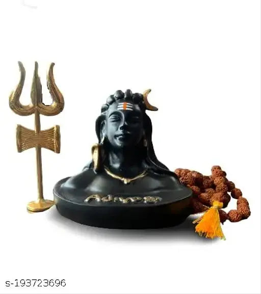 Black polyresin Adi Shankara statue of Lord Adiyogi Shiva with Trishul and Rudraksha Mala, perfect for home or office decor and car dashboard
