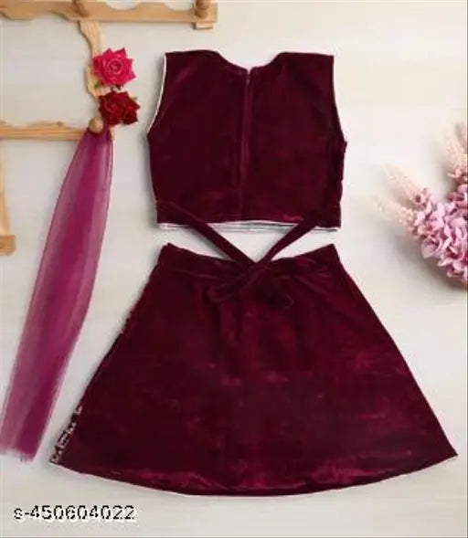 Taffeta silk lahanga choli for kids, embroidered with stitched net detail, available in sizes 12-8 years
