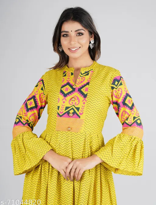 Lime rayon printed Anarkali kurti with three-quarter sleeves, India-origin fashion on model