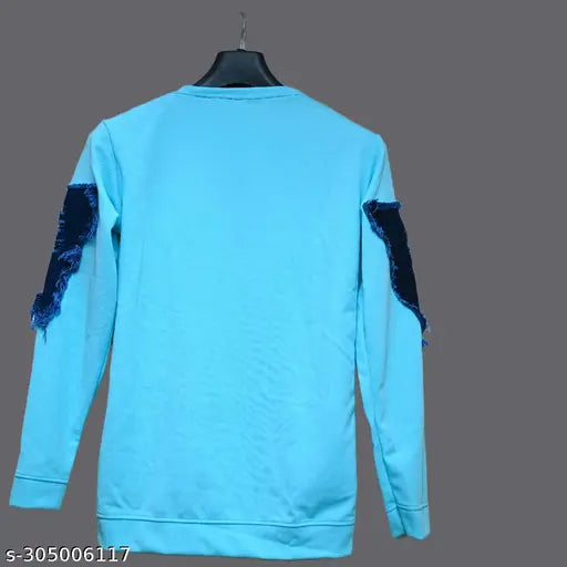 Sky Blue Jeans Cotton Blend Long Sleeve Solid T-Shirt, Durable stitching, trendy party wear