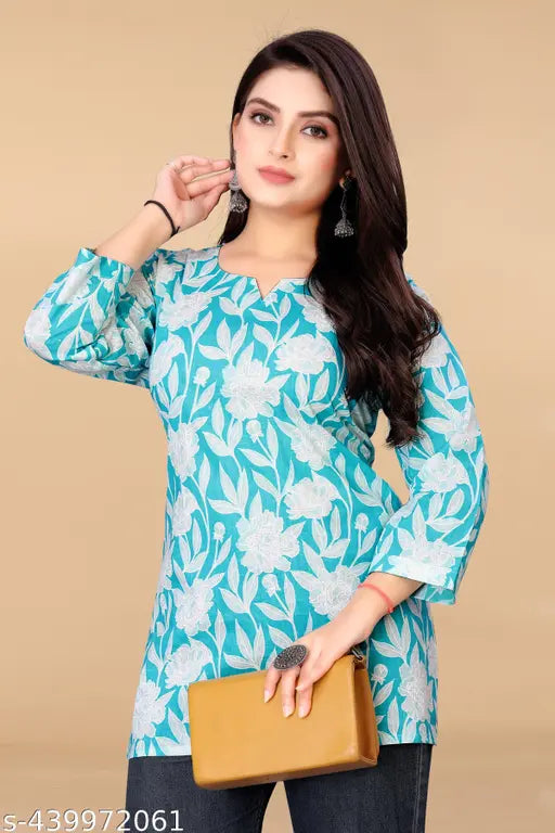 Flower printed cotton three-quarter sleeve tunics for women, Indian ethnic wear for casual and festive occasions