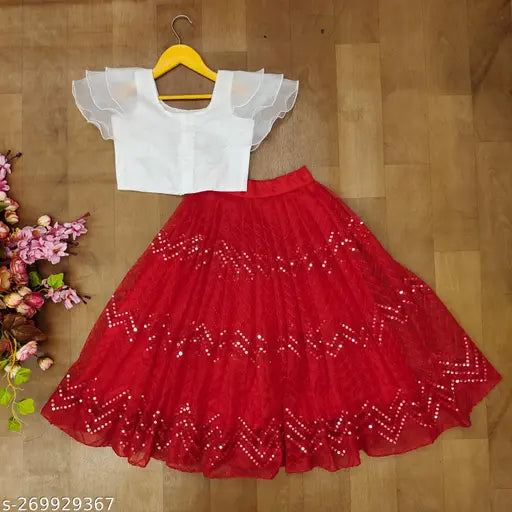 Organza net embroidered crop-top Lehenga, girls' mirror work, 2-3 years, Indian fashion