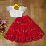 Organza net embroidered crop-top Lehenga, girls' mirror work, 2-3 years, Indian fashion