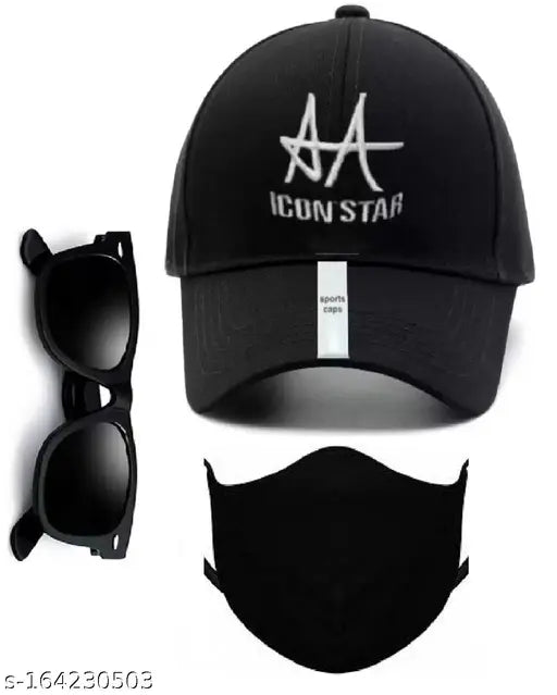 Black polarized lens wayfarer sunglass combo with icon star black cotton cap and mask for men/boys - 3-piece set, cotton baseball cap with printed net pattern