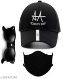 Black polarized lens wayfarer sunglass combo with icon star black cotton cap and mask for men/boys - 3-piece set, cotton baseball cap with printed net pattern