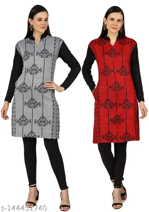 Dimsy Collection Red Woolen Ladies Kurti with Embroidery Design