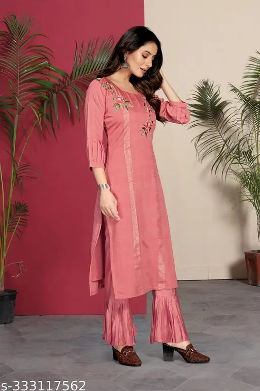 Silk A-Line Kurta Set with beautiful embroidery, perfect for party and wedding wear. Silk blend fabric, three-quarter sleeves, and palazzo bottoms. Available in sizes L, XL, and XXL. Indian-origin