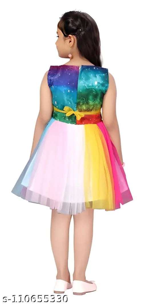 Colorful, sleeveless party dress with a vibrant rainbow gradient