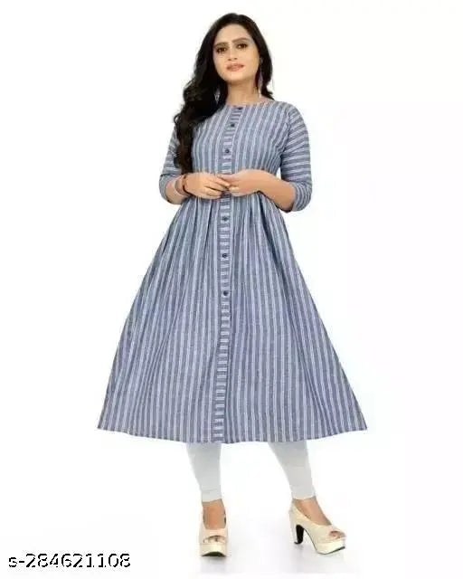 Striped yellow-navy-purple-green cotton kurti, three-quarter sleeves, breathable fabric for women's fashion, Indian origin