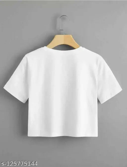 White cotton blend printed tunic top with short sleeves, round neck, and drawstring closure – stylish and glamorous women's wear from India