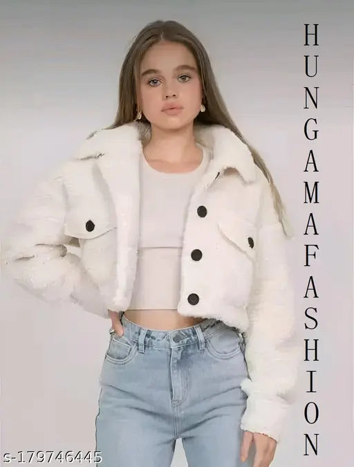 Trendy women's woolen Sherpa fleece crop jacket with buttoned closure, solid color, long sleeves - Indian origin