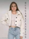 Trendy women's woolen Sherpa fleece crop jacket with buttoned closure, solid color, long sleeves - Indian origin