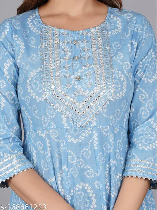 Embroidered blue kurta with anarakli print