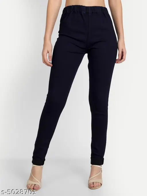 Denim skinny fit stretchable medium waist jeggings, solid navy blue and sky blue for women pack of 2