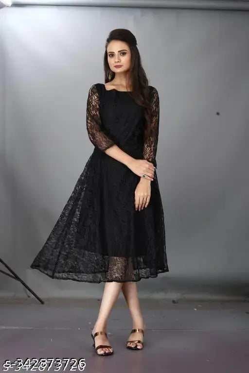 Black lace knee-length dress for women, fitted bodice, flowy skirt