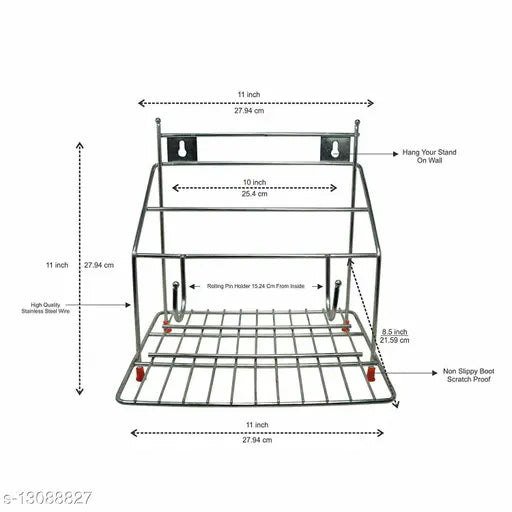 Stainless steel 4-in-1 Kariox Chakla Belan and Tawa Stand, rust-free wall mount for kitchen, free size