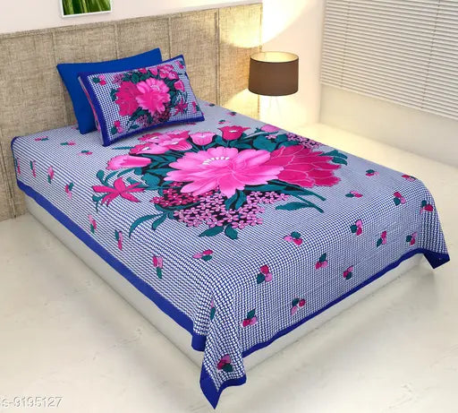 Floral Jaipuri printed 2-piece bedsheet set: Blue with pink flowers, 104 TC cotton.