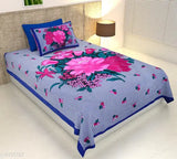 Floral Jaipuri printed 2-piece bedsheet set: Blue with pink flowers, 104 TC cotton.
