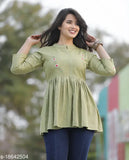 Light green rayon embroidery crop top, three-quarter sleeves, India-made fashion clothing for women