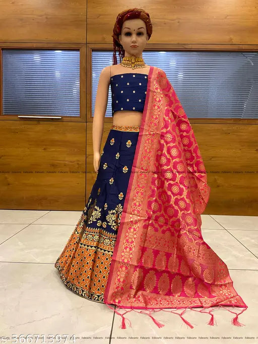 11-12 years kids' jacquard lehnega choli, art silk top with zari woven pattern and three-quarter sleeves, semi-stitched. Made in India." (108 characters)