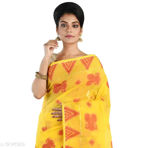 Yellow traditional Jamdani-style Tant cotton saree without blouse for daily and party wear