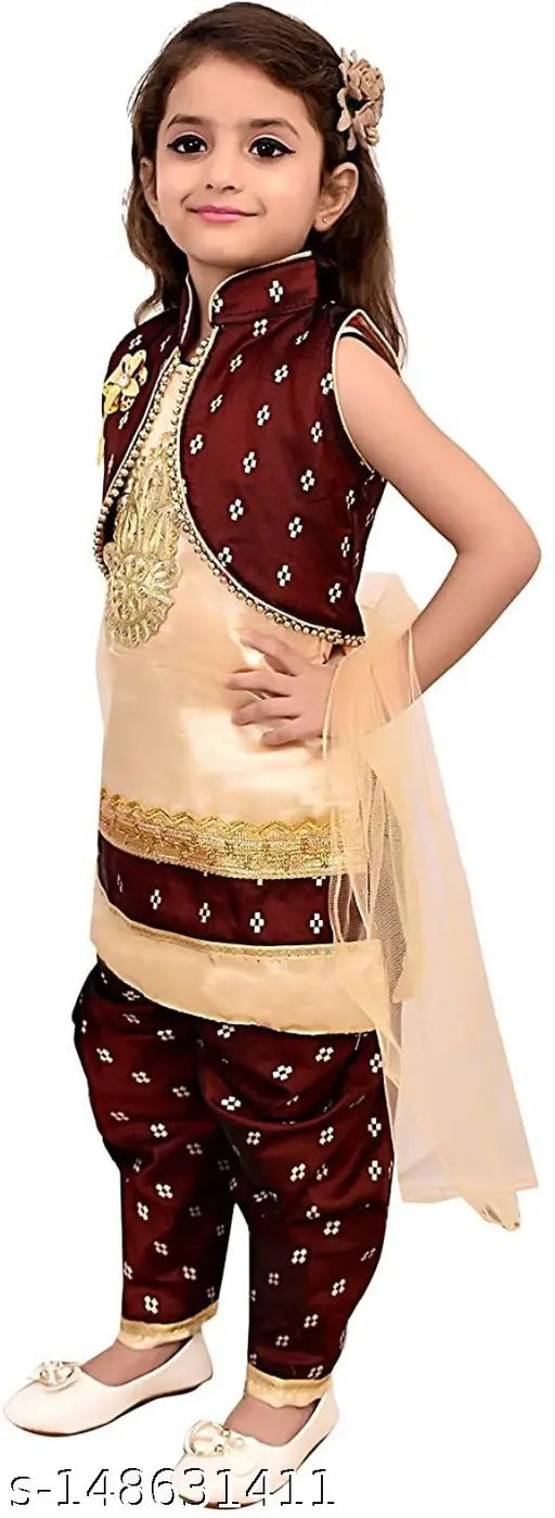 Cute elegante nylon kurta set with dupatta for girls, embroidered sleeveless top and dhoti pants in various sizes from 1-14 years, Indian origin