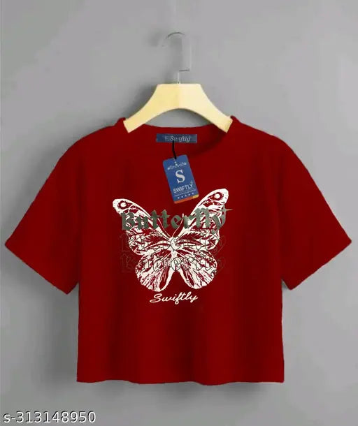 Swiftly women's pure cotton butterfly print crop top/t-shirt, short sleeves, round neck, half sleeve in various sizes
