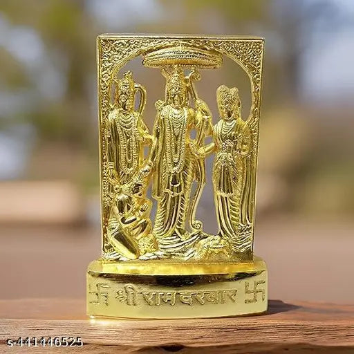 Handcrafted metal antique Ram Darbar idol with Lord Rama, Sita, Lakshman, and Hanuman. Perfect for home, office, or temple decor, religious festivals, and gifting. Dimensions: 7 cm (L) x 11 cm (H) x 1.5 cm (B). Made in India