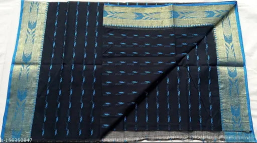 Black pure cotton handloom Bengal Tant sari without blouse, traditional buti work design, dry clean only