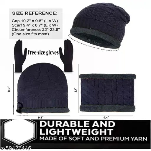 Navy blue wool beanie cap with neck warmer, gloves for winter