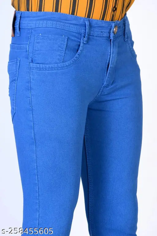 Mens black denim jeans, solid design in men's royal blue also available, high-quality denim apparel for fashionable fits